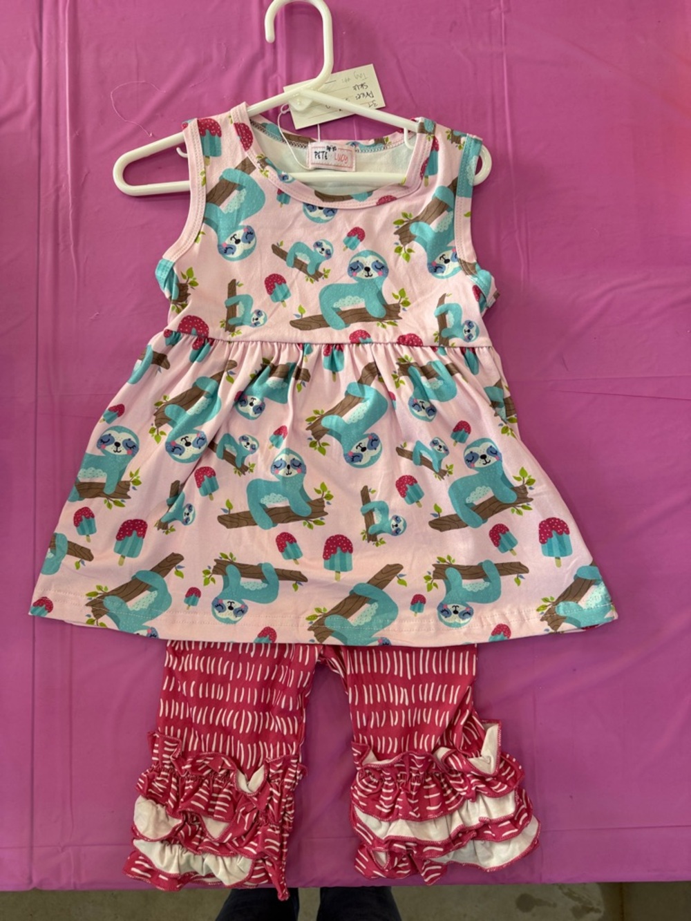 Pete + Lucy Children's Pink Sloth Print Matching Set with Ruffled Pants